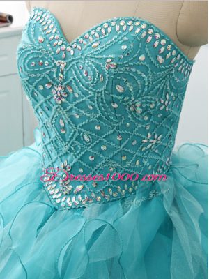 Customized Aqua Blue Sweetheart Lace Up Beading and Ruffles Quinceanera Gowns Brush Train Sleeveless