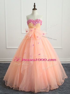 Customized Floor Length Ball Gowns Sleeveless Peach Quinceanera Gown Lace Up
