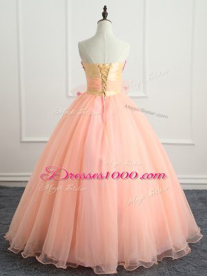Customized Floor Length Ball Gowns Sleeveless Peach Quinceanera Gown Lace Up