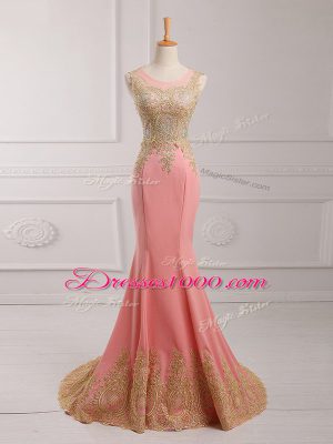 Low Price Watermelon Red Scoop Neckline Lace and Appliques Evening Dress Sleeveless Side Zipper