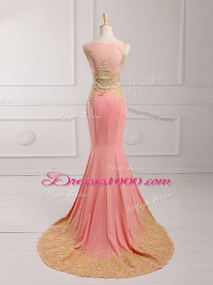 Low Price Watermelon Red Scoop Neckline Lace and Appliques Evening Dress Sleeveless Side Zipper