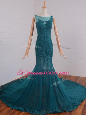 Tulle Sleeveless Prom Gown Court Train and Beading and Lace and Appliques