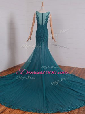 Tulle Sleeveless Prom Gown Court Train and Beading and Lace and Appliques