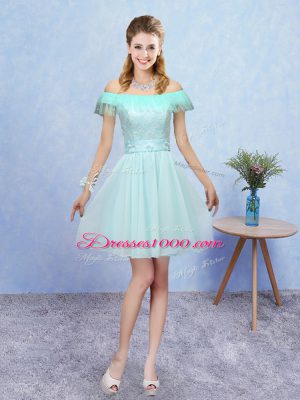 Fitting Off The Shoulder Cap Sleeves Lace Up Bridesmaids Dress Aqua Blue Tulle