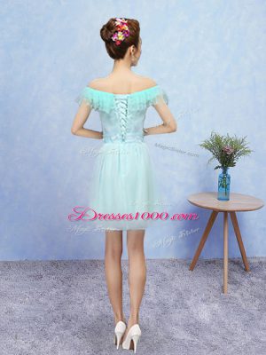 Fitting Off The Shoulder Cap Sleeves Lace Up Bridesmaids Dress Aqua Blue Tulle