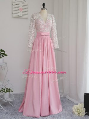 Baby Pink Prom and Party and Military Ball with Beading V-neck Long Sleeves Zipper