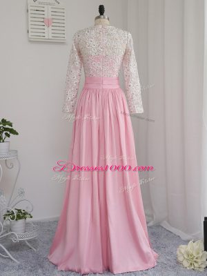 Baby Pink Prom and Party and Military Ball with Beading V-neck Long Sleeves Zipper