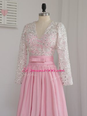 Baby Pink Prom and Party and Military Ball with Beading V-neck Long Sleeves Zipper