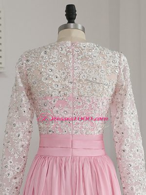 Baby Pink Prom and Party and Military Ball with Beading V-neck Long Sleeves Zipper