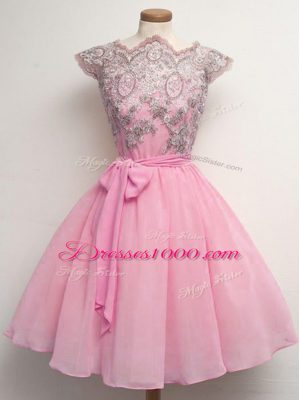 Pretty Rose Pink Cap Sleeves Lace and Belt Knee Length Wedding Party Dress