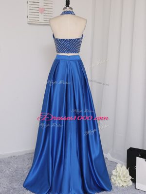 Dramatic Halter Top Sleeveless Prom Dress Floor Length Beading Royal Blue Elastic Woven Satin