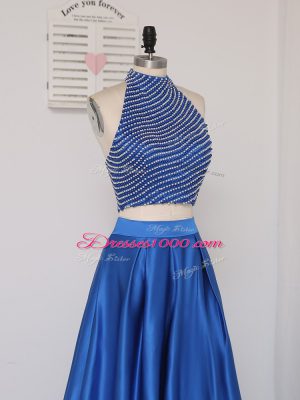 Dramatic Halter Top Sleeveless Prom Dress Floor Length Beading Royal Blue Elastic Woven Satin