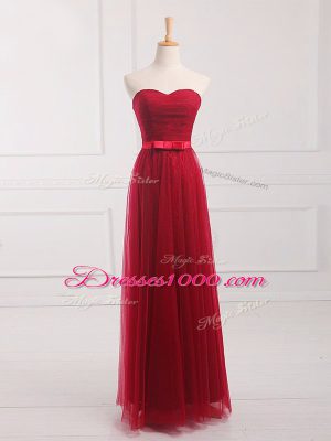 Pretty Empire Quinceanera Court of Honor Dress Wine Red Sweetheart Tulle and Lace Sleeveless Floor Length Lace Up