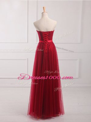 Pretty Empire Quinceanera Court of Honor Dress Wine Red Sweetheart Tulle and Lace Sleeveless Floor Length Lace Up