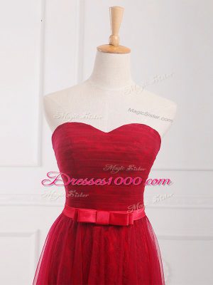 Pretty Empire Quinceanera Court of Honor Dress Wine Red Sweetheart Tulle and Lace Sleeveless Floor Length Lace Up