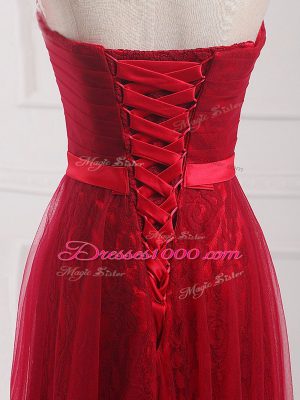 Pretty Empire Quinceanera Court of Honor Dress Wine Red Sweetheart Tulle and Lace Sleeveless Floor Length Lace Up