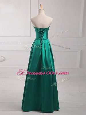 Sleeveless Floor Length Belt Lace Up Wedding Guest Dresses with Dark Green