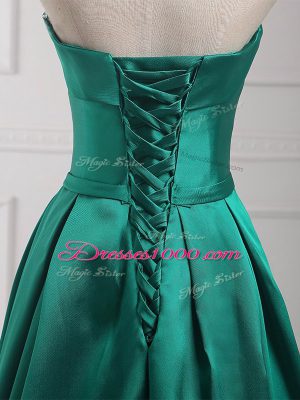 Sleeveless Floor Length Belt Lace Up Wedding Guest Dresses with Dark Green