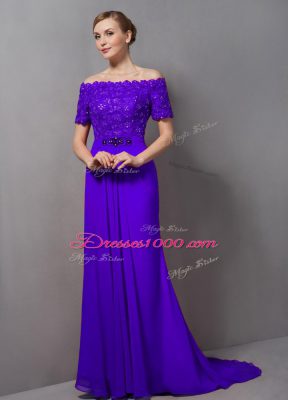 Modest Purple Empire Chiffon Off The Shoulder Short Sleeves Lace Zipper Mother of Bride Dresses Sweep Train