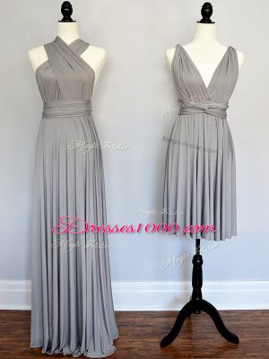 Fine Ruching Quinceanera Dama Dress Grey Lace Up Sleeveless Floor Length