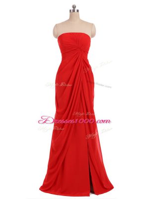 Superior Red Sleeveless Ruching Floor Length Bridesmaid Gown