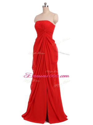 Superior Red Sleeveless Ruching Floor Length Bridesmaid Gown