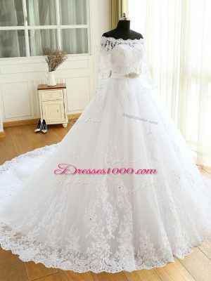 Customized White Wedding Dress Tulle Court Train Long Sleeves Beading and Lace and Appliques