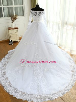 Customized White Wedding Dress Tulle Court Train Long Sleeves Beading and Lace and Appliques