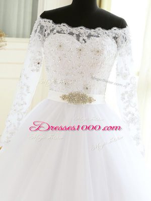 Customized White Wedding Dress Tulle Court Train Long Sleeves Beading and Lace and Appliques