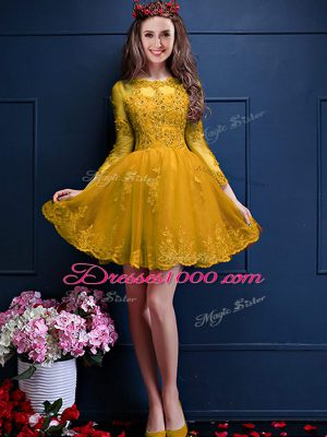 Dazzling Scalloped 3 4 Length Sleeve Lace Up Dama Dress Gold Chiffon