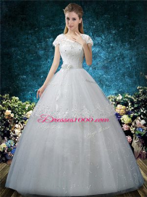 Fitting White Wedding Gown Wedding Party with Embroidery Scoop Short Sleeves Lace Up