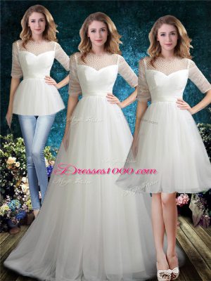 High Quality White Wedding Dresses Wedding Party with Beading Scoop Half Sleeves Brush Train Lace Up