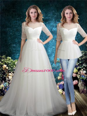 High Quality White Wedding Dresses Wedding Party with Beading Scoop Half Sleeves Brush Train Lace Up