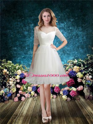 High Quality White Wedding Dresses Wedding Party with Beading Scoop Half Sleeves Brush Train Lace Up