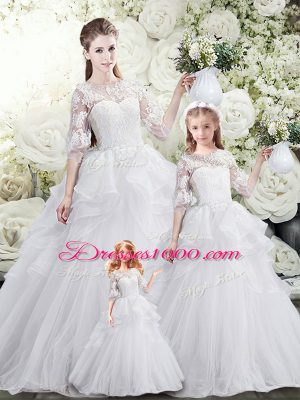 Sumptuous Half Sleeves Tulle Sweep Train Lace Up Sweet 16 Quinceanera Dress in White with Lace and Ruffles