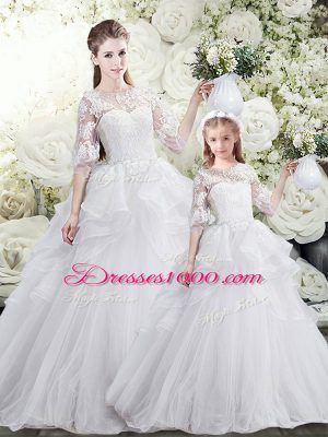 Sumptuous Half Sleeves Tulle Sweep Train Lace Up Sweet 16 Quinceanera Dress in White with Lace and Ruffles