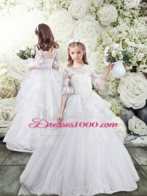 Sumptuous Half Sleeves Tulle Sweep Train Lace Up Sweet 16 Quinceanera Dress in White with Lace and Ruffles