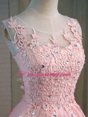 Fashion Lace Scoop Sleeveless Lace Up Lace and Appliques Homecoming Dress in Pink