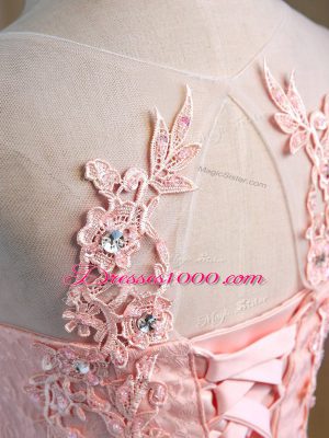 Fashion Lace Scoop Sleeveless Lace Up Lace and Appliques Homecoming Dress in Pink