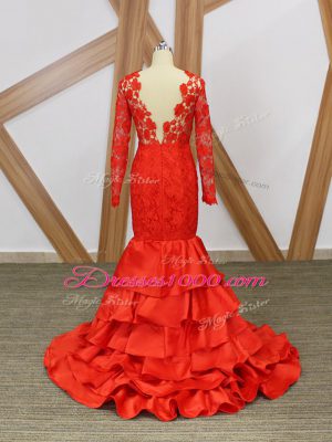 Taffeta Scoop Long Sleeves Backless Lace and Appliques Prom Party Dress in Red