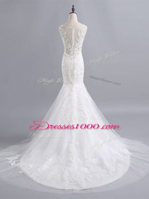 Decent White Tulle Zipper Bridal Gown Sleeveless Brush Train Lace