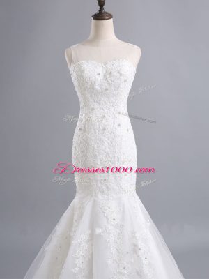 Decent White Tulle Zipper Bridal Gown Sleeveless Brush Train Lace