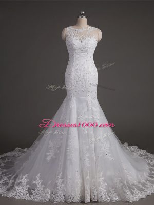 White Backless Scoop Lace Wedding Dress Tulle Sleeveless Brush Train