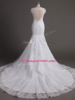 White Backless Scoop Lace Wedding Dress Tulle Sleeveless Brush Train