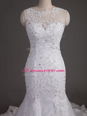 White Backless Scoop Lace Wedding Dress Tulle Sleeveless Brush Train