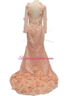 Peach Tulle Side Zipper Mother of Groom Dress Long Sleeves Brush Train Beading and Hand Made Flower