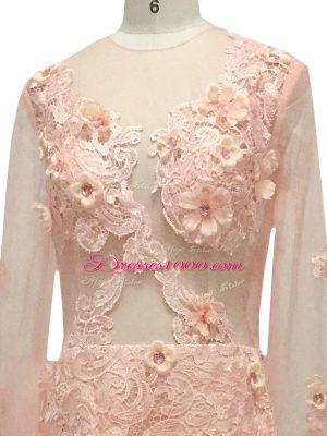 Peach Tulle Side Zipper Mother of Groom Dress Long Sleeves Brush Train Beading and Hand Made Flower