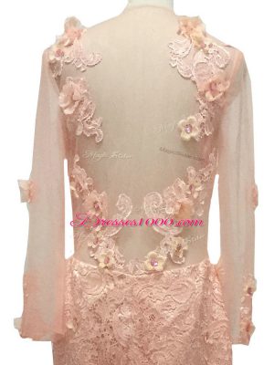 Peach Tulle Side Zipper Mother of Groom Dress Long Sleeves Brush Train Beading and Hand Made Flower