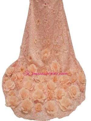 Peach Tulle Side Zipper Mother of Groom Dress Long Sleeves Brush Train Beading and Hand Made Flower