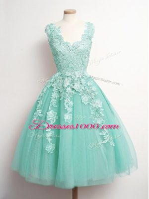 Aqua Blue A-line V-neck Sleeveless Tulle Knee Length Lace Up Appliques Bridesmaid Gown